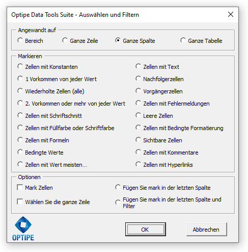 Auswählen und Filtern App-Fenster Auswählen und Filtern